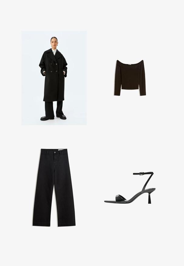 Doppelreihiger schwarzer Wollmantel mit großen Revers, zwei vorderen Taschen und strukturiertem Stoff. Kombiniert mit weiten schwarzen Hosen und Plateauschuhen.; Schulterfreies, dunkelbraunes Oberteil aus einem enganliegenden Strickmaterial. Es hat lange Ärmel und ein kurzes Design mit einer glatten Textur.; Schwarze weit geschnittene Jeans mit hoher Taille, ausgestattet mit Vorder- und Hintertaschen, gesteppten Nähten und einem Knopfverschluss. Glatte Textur.; Bershka High Heel Sandalette - black