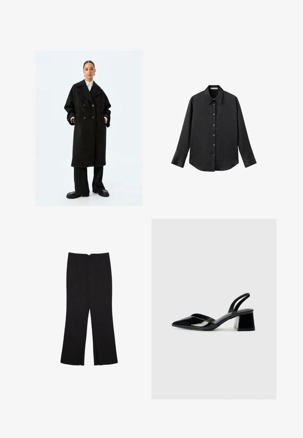 Cappotto in lana nera doppiopetto con ampi rever, due tasche frontali e tessuto testurizzato. Abbinato a pantaloni neri a gamba larga e scarpe con plateau.; Maglietta nera a maniche lunghe in tessuto morbido, con colletto classico, chiusura frontale con bottoni dorati e polsini ampi.; Pantaloni neri a gamba dritta, con tasche frontali e spacchi laterali all'orlo. Realizzati in tessuto morbido e liscio. Adatti a diverse occasioni.; Décolleté in vernice nera con punta affusolata e tacco in geometria cubica. Presentano un design elegante e minimalista, con una texture liscia.