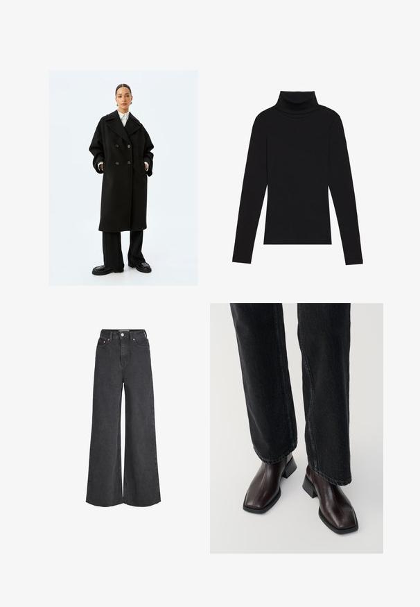 Czarny wełniany płaszcz dwurzędowy z dużymi klapami, dwiema przednimi kieszeniami i teksturowanym materiałem. W połączeniu z szerokimi czarnymi spodniami i butami na platformie.; Czarna bluzka z długim rękawem i kołnierzem typu stójka, wykonana z prążkowanej tkaniny, charakteryzuje się dopasowanym krojem, wysokim dekoltem oraz brakiem wzorów i zdobień.; Czarne jeansy o wysokim stanie i szerokich nogawkach, z przednim guzikiem i zamkiem, pięcioma kieszeniami oraz surowym wykończeniem dołów.; Brązowe skórzane botki za kostkę z kwadratowym noskiem i słupkowym obcasem, zestawione z czarnymi spodniami o szerokich nogawkach. Gładka tekstura i minimalistyczny design.