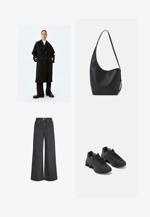 Doppelreihiger schwarzer Wollmantel mit großen Revers, zwei vorderen Taschen und strukturiertem Stoff. Kombiniert mit weiten schwarzen Hosen und Plateauschuhen.; Schwarzfarbenes Langarm-T-Shirt aus weichem Stoff, mit rundem Ausschnitt, schlichtem Design und ohne sichtbare Muster oder Verzierungen.; Hochtaillierte schwarze weite Jeans mit vorderem Knopf und Reißverschluss, fünf Taschen und rohem Saumdetails.; Schwarze Sportschuhe mit einem glatten synthetischen Obermaterial, strukturierten Akzenten, Schnürdesign und sichtbarer Federung im Fersenbereich.; Schwarze Leder-Hobo-Tasche mit einer glatten Textur, geschwungener Form und einem einzelnen verstellbaren Tragegurt; verfügt über eine weite Öffnung am oberen Ende.