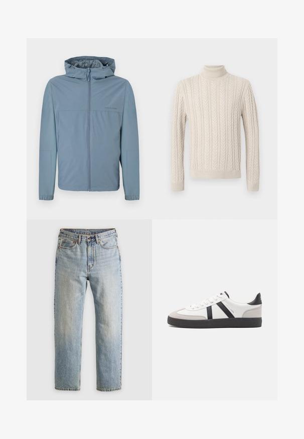 Világoskék, könnyű dzseki cipzárral, kapucnival és rugalmas mandzsettával. Simaság jellemzi, letisztult dizájnnal, látható logók nélkül.; Beige, kötött pulóver magas, bordázott garbónyakkal. Texturált fonott minta és bordázott mandzsetta valamint alj jellemzi, ami kényelmes megjelenést kölcsönöz.; Világoskék farmernadrág magas derékkal, elülső gombbal, cipzárral és öt zsebbel, sima háttérre fektetve.; Fehér sneaker fekete és szürke részletekkel, textúrált szürke orr résszel, fekete gumitalppal és lapos fehér fűzőkkel. Tiszta dizájn, minimalista stílus.