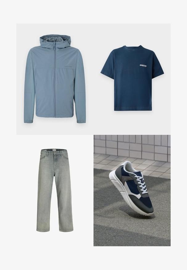 Lys blå, lett jakke med glidelås foran, hette og elastiske mansjetter. Glatt tekstur med et rent design og ingen synlige logoer.; Marineblå bomull T-skjorte med korte ermer og rund hals. Har en liten hvit logo på venstre brystområde. Myk tekstur.; Lys grå, løstsittende jeans laget av denim. Har en klassisk fem-lomme-design, beltehemper og en rett ben-silhuett.; Sneakers med en navy blå mesh-overdel, grå sømværk, hvit gummisåle og flate hvite snører, designet for komfort og pusteevne.