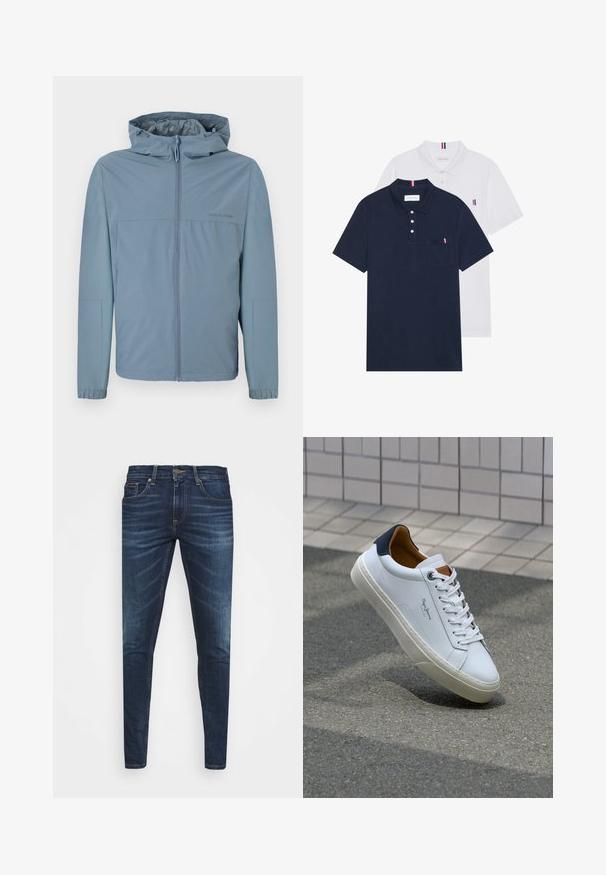 Light blue, lightweight jacket with a zip front, hood, and elastic cuffs. Smooth texture with a clean design and no visible logos.; Two polo shirts: one navy blue and one white, both with a small red, white, and blue accent on the chest pocket and collar.; Dark blue denim jeans with a slim fit, subtle fade, five pockets, and a metal button closure. Stitched accents in contrasting color.; White leather sneaker with a navy heel, round toe, and contrasting brown accents. Features flat laces and textured rubber sole.