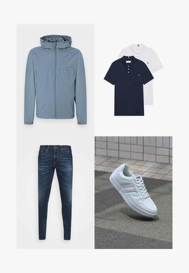 Svijetloplava, lagana jakna s patentnim zatvaračem, kapuljačom i elastičnim manžetama. Glatka tekstura s jednostavnim dizajnom i bez vidljivih logotipa.; Dva polo majice: jedna tamnoplava i jedna bijela, obje s malim crveno-bijelim-plavim naglaskom na džepu i ovratniku.; Tamno plave traperice uskog kroja, s blagim izbljeđivanjem, pet džepova i metalnim zatvaranjem na dugme. Šivani detalji u kontrastnoj boji.; Bijela atletska tenisica s glatkim kožnim gornjim dijelom, vezanjem sprijeda, perforiranim vrhom i uzorkovanim đonom. Minimalistički dizajn s tri bočne pruge.