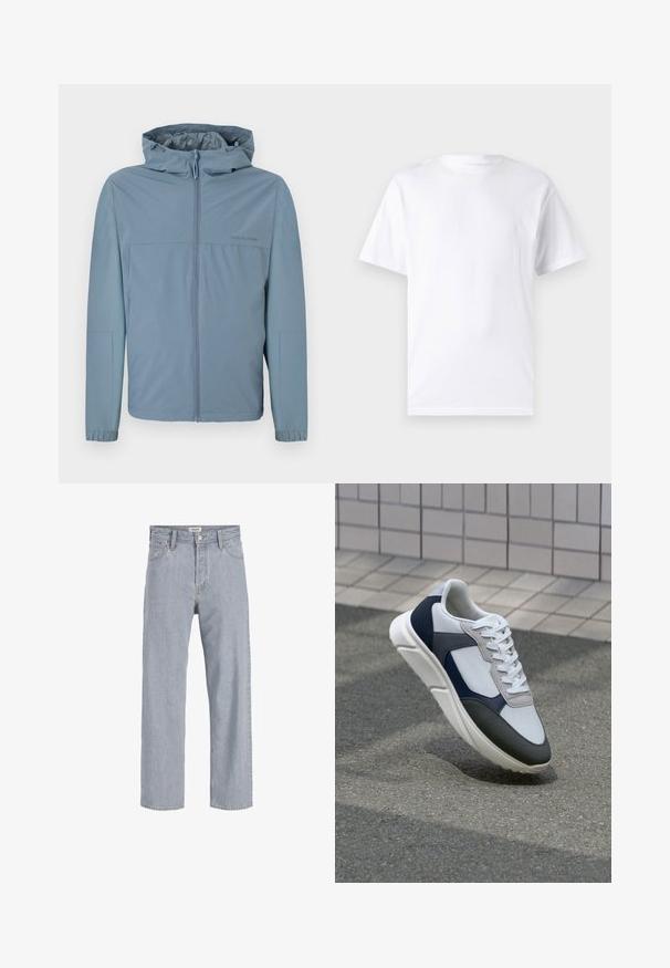 Lys blå, letvægtsjakke med lynlås i front, hætte og elastiske manchetter. Glat tekstur med et rent design og ingen synlige logoer.; Hvid kortærmet t-shirt lavet af bomuld med rund hals, der har en glat tekstur og et simpelt design uden mønstre eller accenter.; Lysblå denimjeans med en afslappet pasform, lige benudforming, synlige syninger, to forlommer og knaplukning.; Hvide, marineblå og grå sneakers med et design i blandede materialer, der har en tekstureret overdel, flade snørebånd og en polstret sål.