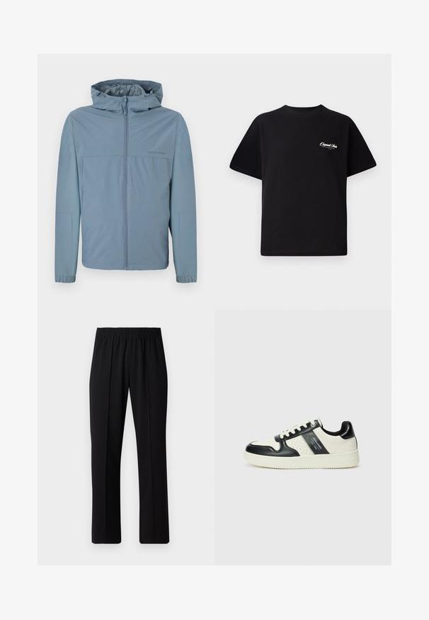 Lys blå, letvægtsjakke med lynlås i front, hætte og elastiske manchetter. Glat tekstur med et rent design og ingen synlige logoer.; Sort bomulds T-shirt med rund halsudskæring, korte ærmer og lille hvid logo tekst på venstre bryst. Enkel design, klassisk pasform.; Sorte bukser med elastisk talje og lige ben, der har en glat tekstur og ingen synlige mønstre eller hardware.; Lædersneakers i sort og creme farveskema, med perforerede detaljer, en polstret krave og en struktureret ydersål.