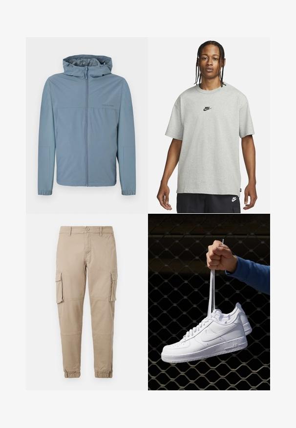 Lys blå, letvægtsjakke med lynlås i front, hætte og elastiske manchetter. Glat tekstur med et rent design og ingen synlige logoer.; Ung person med fletninger iført en lys grå Nike T-shirt og sorte Nike shorts mod en ensfarvet hvid baggrund.; Beige cargo bukser i et letvægts bomuldsstof. Har elastiske manchetter, flere sidelommer og en knaplukning.; Hvide lædersneakers med perforeringer, rund tå, flad sål og tykke snørebånd, med et synligt swoosh-logo og "AIR" på hælen.