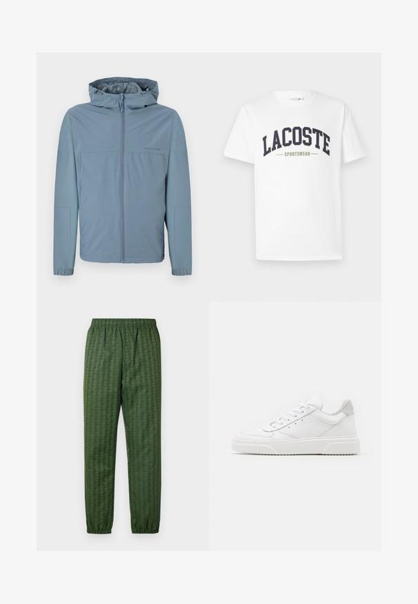 Giacca leggera azzurra, con zip frontale, cappuccio e polsini elasticizzati. Texture liscia con un design pulito e senza loghi visibili.; T-shirt bianca in cotone con un logo "LACOSTE SPORTSWEAR" in blu navy e verde oliva stampato trasversalmente sul petto in un design curvo.; Pantaloni sportivi verdi a fantasia con cintura elastica, gambe affusolate e un design geometrico in tutto. Realizzati in materiale leggero.; Sneaker bianche in pelle con finitura liscia, punta arrotondata, lacci piatti e suola texturizzata. Accento in suede grigio sul tallone.