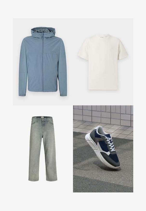 Világoskék, könnyű dzseki cipzárral, kapucnival és rugalmas mandzsettával. Simaság jellemzi, letisztult dizájnnal, látható logók nélkül.; Fehér, rövid ujjú póló bordázott textúrával. Kerek nyakkivágás, laza szabás, nincs látható minta vagy díszítés. Egyszerű és sokoldalú dizájn.; Világosszürke, laza szabású farmernadrág. Klasszikus öt zsebes dizájn, övhurkok és egyenes szárú fazon jellemzi.; Cipő, amelynek sötétkék hálós felsőrésze, szürke velúr díszítései, fehér gumitalpa és lapos fehér fűzője van, a kényelem és a légáteresztő képesség érdekében tervezve.