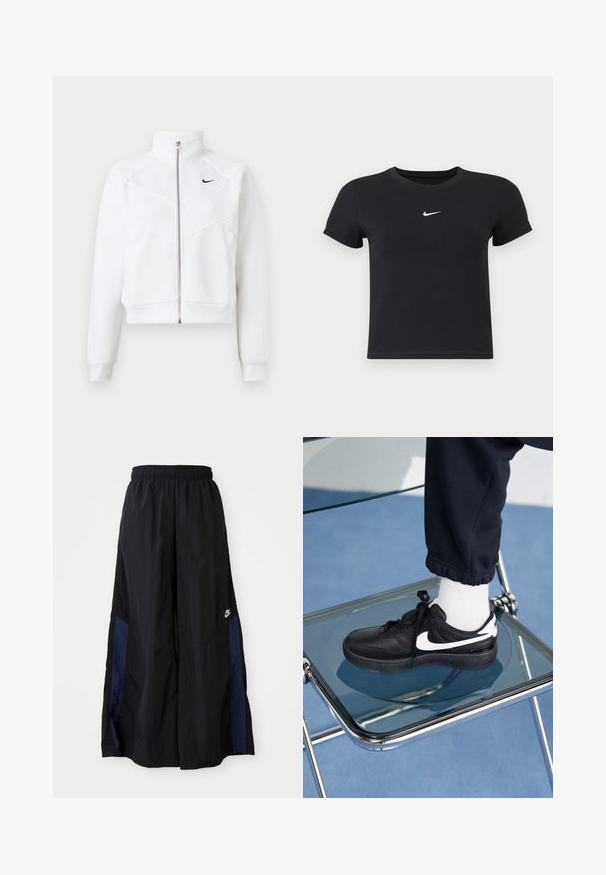 Hvid zip-up jakke med høj krave, geometrisk paneldesign og et lille sort logo på venstre bryst. Blødt stof, tætsiddende manchetter.; Sort kortærmet t-shirt lavet af bomuld med rund hals. Har et hvidt Nike-logo på brystet, minimalistisk design og tætsiddende pasform.; Sorte vide benbukser lavet af letvægtsstof, med et marineblåt sidepanel og en elastisk talje. Lille hvidt logo nederst.; Sorte Nike sneakers med hvide detaljer, der har en glat læderoverflade, snørebånd og rund tå, placeret på en glasstol.