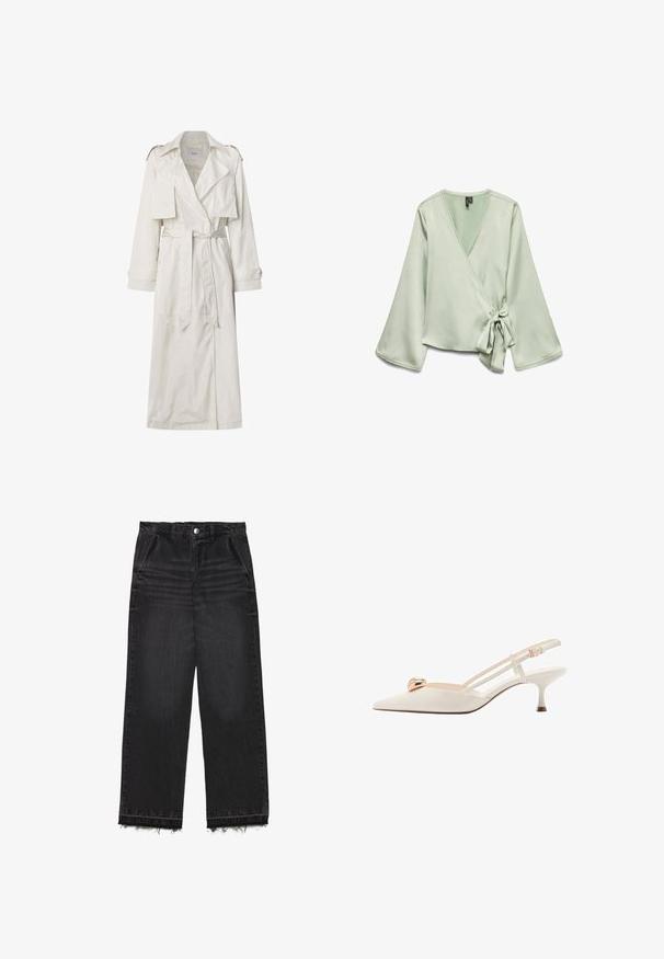 Dolga bež trench plašča iz lahkotnega materiala. Ima široke reverje, pas z obročem ter gumbne manšete s stranskimi žepi.; Svetlo zelena bluzica z dolgimi rokavi; ima zavezovanje ob strani in čipkast rob okoli ovratnika. Gladek, mehak tekstil.; Črne denimske hlače s ravnim krojem. Imajo visok pas, raztrgan rob in subtilno zbledelo teksturo po celotnem materialu. Vključen je tudi sprednji žep.; Kremno obarvane slingback čevlje s koničastim nosom, tankimi trakovi in zlato dekoracijo na zgornjem delu. Imajo nizek in ozek peto.