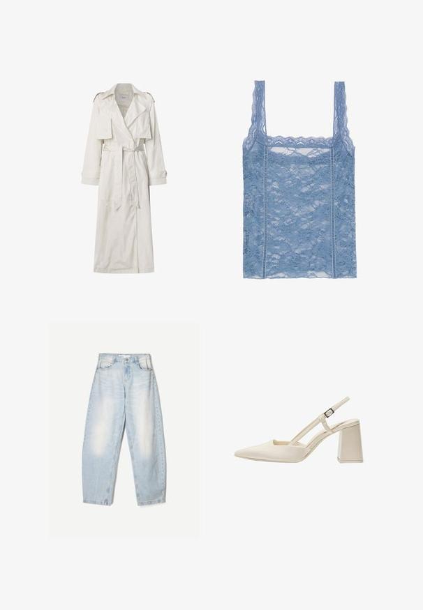 Duga bež trench kaput od lagane tkanine. Ima široke reveri, struk s remenom i dugmadi na manžetama s bočnim džepovima.; Svijetloplava čipkasta majica bez rukava s tankim naramenicama, s valovitim čipkastim rubom i cvjetnim uzorkom, dizajnirana za uski kroj.; Svijetloplave traperice s širokim krojem, s izblijedjelim završetkom, dva prednja džepa i dugmetom za zatvaranje na struku.; Bež sandale s otvorenom petom, s uskim vrhom, sjajnim paten završetkom, srednjom blok petom i podesivim remenom. Minimalistički dizajn s otvorenim stranama.