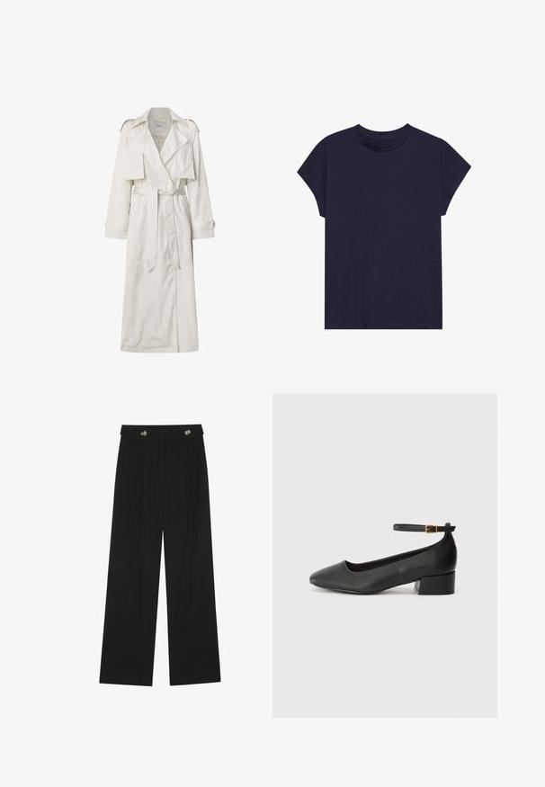 Ilgas smėlio spalvos trenčkotas, pagamintas iš lengvos medžiagos. Savybės: plačios apykaklės, diržo juosmuo, sagčių rankogaliai ir šoninės kišenės.; Tamsiai mėlynas medvilninis marškinėlis su apvaliu iškirpimu ir trumpomis rankovėmis, turintis laisvą siluetą ir lygią tekstūrą. Be raštų ar akcentų.; Juodi plačios kojos kelnės su aukštu liemeniu, sagų detalėmis ant liemens ir priekinėmis raukšlėmis.; Juodas odinis aukštakulnis batelis su smailiu pirštu ir žemu bloku. Su kulkšnies dirželiu su auksinės spalvos sagtimi. Lygus paviršius.