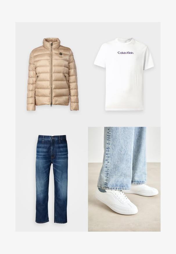 Blauer AUSTIN - Dunjakker - beige; Hvid bomulds T-shirt med rund hals, korte ærmer og et lilla "Calvin Klein" logo trykt hen over brystet.; Mørkeblå lige ben denim jeans med diskret falmning på lårene og en knaplukning ved taljen, præsenteret på en hvid baggrund.; Hvite sneakers med glat materiale, snørelukking, tekstureret gummisål og en teal accent ved hælen, parret med lyseblå jeans.