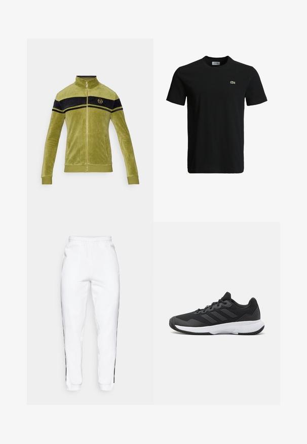 Jachetă din catifea cu fermoar în verde măsliniu, cu dungi negre și galbene pe piept. Guler înalt și închidere cu fermoar de nuanță aurie.; Tricou din bumbac negru cu guler rotund, mâneci scurte și un mic logo verde de crocodil pe partea stângă a pieptului. Textură netedă, design casual.; Pantaloni de trening albi cu talie elastică, având dungi laterale negre și manșete. Realizați dintr-un material moale cu o textură netedă.; Pantofii sport negri au un material superior texturat, trei dungi orizontale și o talpă albă cu un profil căptușit. Au un design ușor și aerodinamic.