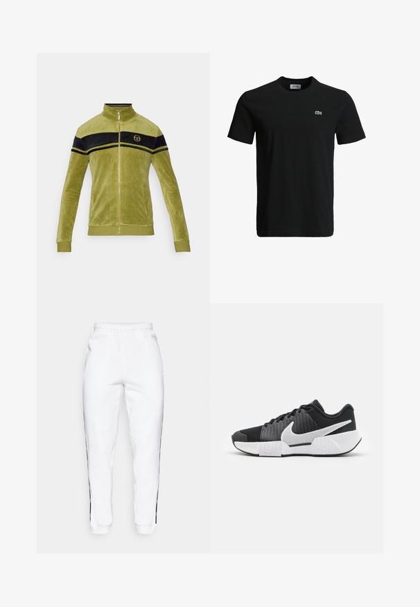 Samt-Übergangsjacke in Olivgrün mit schwarzen und gelben Streifen über der Brust. Hoher Kragen und goldfarbener Reißverschluss.; Schwarzes Baumwoll-T-Shirt mit Rundhalsausschnitt, kurzen Ärmeln und einem kleinen grünen Krokodil-Logo auf der linken Brust. Glatte Textur, lässiges Design.; Weiße Jogginghose mit elastischem Bund, versehen mit schwarzen Streifen an den Seiten und Bündchen. Hergestellt aus weichem Stoff mit glatter Textur.; Schwarze Sportschuhe mit einer strukturierten Oberseite, weißem Swoosh-Logo, gepolstertem Fersenbereich und einer kontrastierenden weißen Sohle mit einem Zickzackmuster.