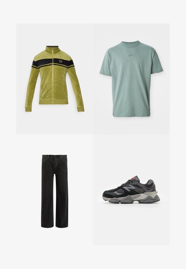 Velvet zip-up jacket in olive green with black and yellow stripes across the chest. High collar and gold-tone zip closure.; Green cotton t-shirt with short sleeves, ribbed crew neckline, and embroidered Nike logo on the chest. Smooth texture and relaxed fit.; Black denim wide-leg jeans with a high waist, featuring classic five-pocket design, and subtle fading for a textured appearance.; Black and gray sneaker with a mix of suede and mesh materials, thick sole, prominent logo, and red accent on the tongue.