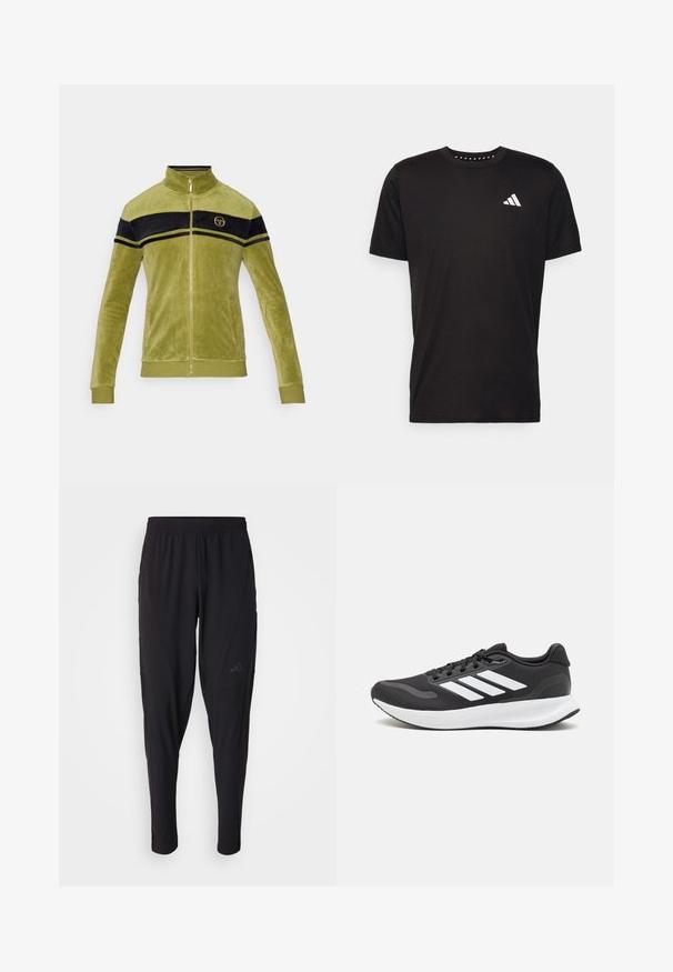 Velvet zip-up jacket in olive green with black and yellow stripes across the chest. High collar and gold-tone zip closure.; Black cotton t-shirt with short sleeves, crew neckline, and a white logo on the left chest. Smooth texture and simple design.; Black athletic pants with an elastic waistband, tapered design, side pockets, and subtle logo detail. Made from flexible, breathable fabric.; Black athletic shoe with breathable mesh upper, white accents, and a cushioned sole. Features three stripes logo on the side.
