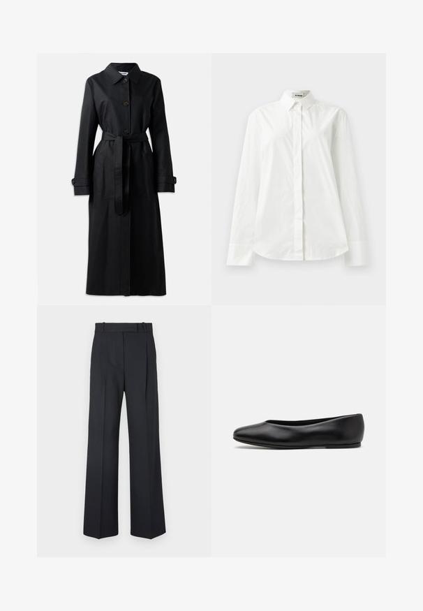 Cappotto lungo nero realizzato in un tessuto liscio, con colletto, chiusura frontale a bottoni, cintura in vita e tasche laterali. Design classico con vestibilità sartoriale.; Camicia bianca in cotone a maniche lunghe con colletto a punta, chiusura anteriore con bottoni e orlo arrotondato. Tessuto liscio, vestibilità regolare e senza fantasie.; Pantaloni a righe blu scuro con vita alta, design a gamba larga e senza hardware o decorazioni visibili. Tessuto liscio e vestibilità sartoriale.; Paul Smith TOPANGA - Ballerine - black