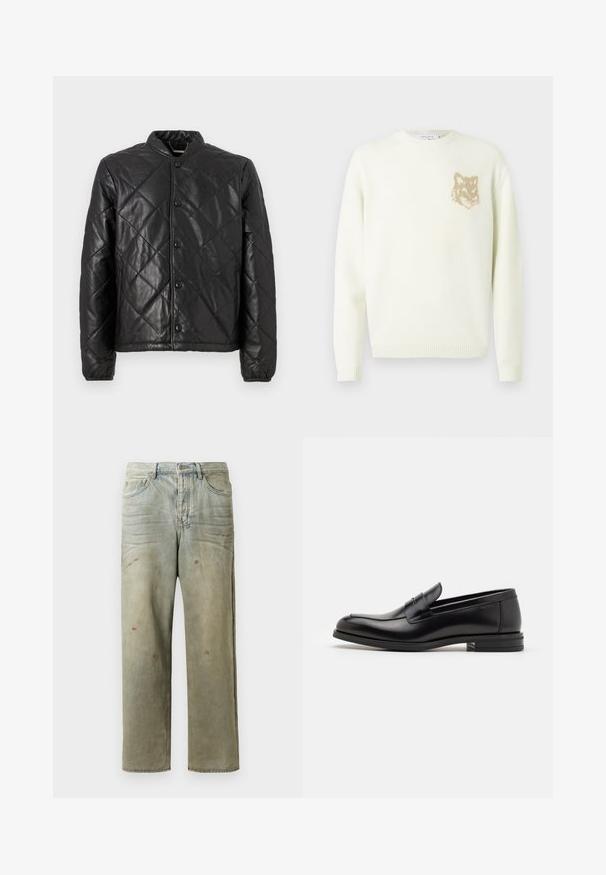 Černá prošívaná bunda vyrobená z kůže, s kulatým výstřihem, patentními knoflíky a elastickými manžetami. Povrch má hladkou strukturu s diamantovým vzorem.; Krémový svetr s kulatým výstřihem a dlouhými rukávy, s malou béžovou grafikou hlavy lišky na levé straně hrudníku, s žebrovanými manžetami a spodním lemem.; Odstřižené džíny v světle zelené barvě, se rovnými nohavicemi, pěti kapsami a nerovnoměrným vyblednutím s barevnými skvrnami.; Černé kožené polobotky s hladkou texturou, zaoblenou špičkou a zdobným páskem přes nárt. Nízký stohovaný podpatek, minimalistický design.