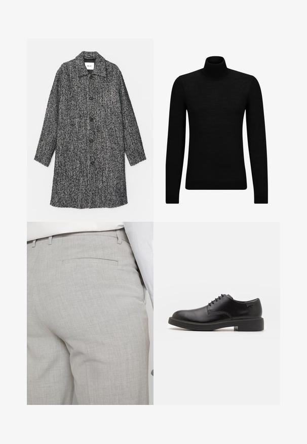 NN.07 FRANCO - Manteau classique - black; Pull à col roulé noir en matériau doux, avec des manches longues et une coupe ajustée. Finition côtelée au bas et aux poignets. Design simple.; Pantalon gris clair sur mesure en tissu texturé, avec une seule poche arrière et des coutures nettes.; Chaussure noire en cuir à lacets avec un embout arrondi, texture lisse, piqures minimales et un petit talon en caoutchouc. Logo sur le talon.