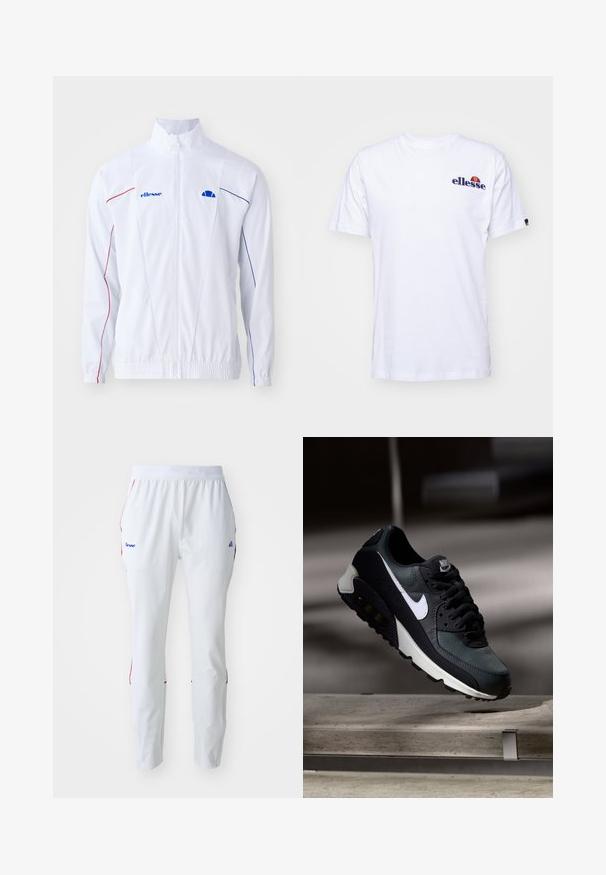 Hvid lynlåsjakke med blå og røde accentlinjer. Har elastiske manchetter, opretstående krave og logo på venstre bryst. Glat tekstur.; Hvid bomulds t-shirt med korte ærmer, prydet med et marineblåt broderet logo på venstre bryst og en farverig accent over logoet.; Hvide atletiske bukser med elastisk talje, der har røde og blå detaljer ved sidesømmene og et logo på venstre hofte.; Sort og grøn sneaker med et mønstret mesh-overdel, hvid swoosh-logo, polstret krave og en synlig luftdæmpningsenhed i sålen.