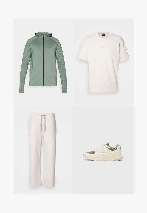 Green lightweight zip-up jacket with a hood, featuring black zipper and accents, made from smooth, stretchy material. BOSS logo on chest.; BOSS TEE - Basic T-shirt - open white; Cream-colored casual pants with a drawstring waist and straight legs, displayed against a plain white background.; White and light beige athletic sneaker, featuring a mesh upper, perforated detailing, and a textured midsole with branding on the heel.