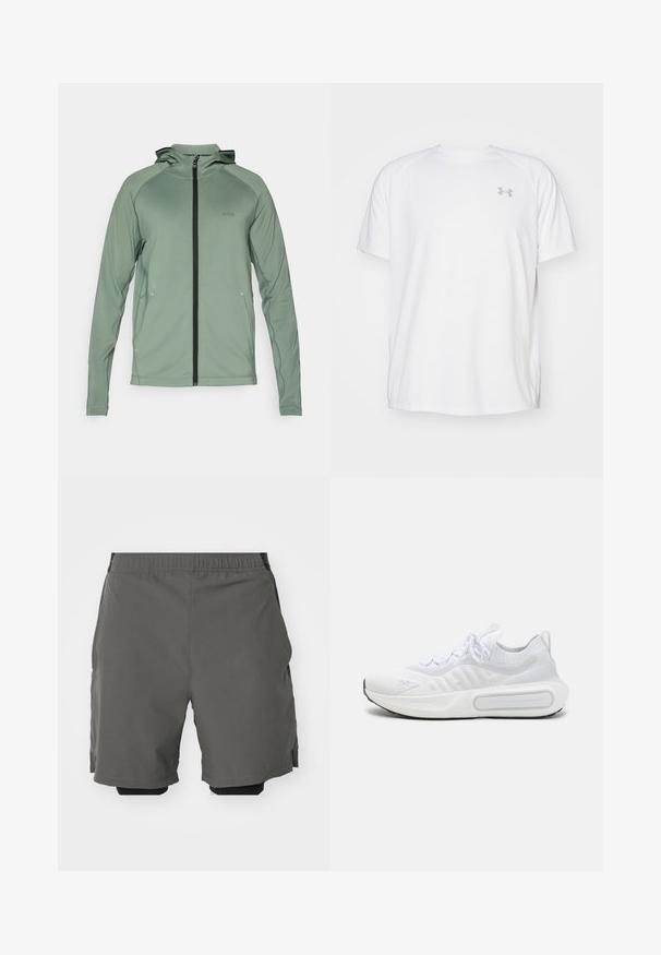 Green lightweight zip-up jacket with a hood, featuring black zipper and accents, made from smooth, stretchy material. BOSS logo on chest.; White short-sleeve athletic shirt made of smooth fabric. Features a crew neck and gray logo on the left chest, with side slits at the hem.; Gray athletic shorts with a smooth, lightweight fabric and an elastic waistband, featuring inner compression shorts and side pockets.; White athletic shoe with a textured knit upper, lace-up closure, cushioned sole, and a distinctive branding detail on the side.