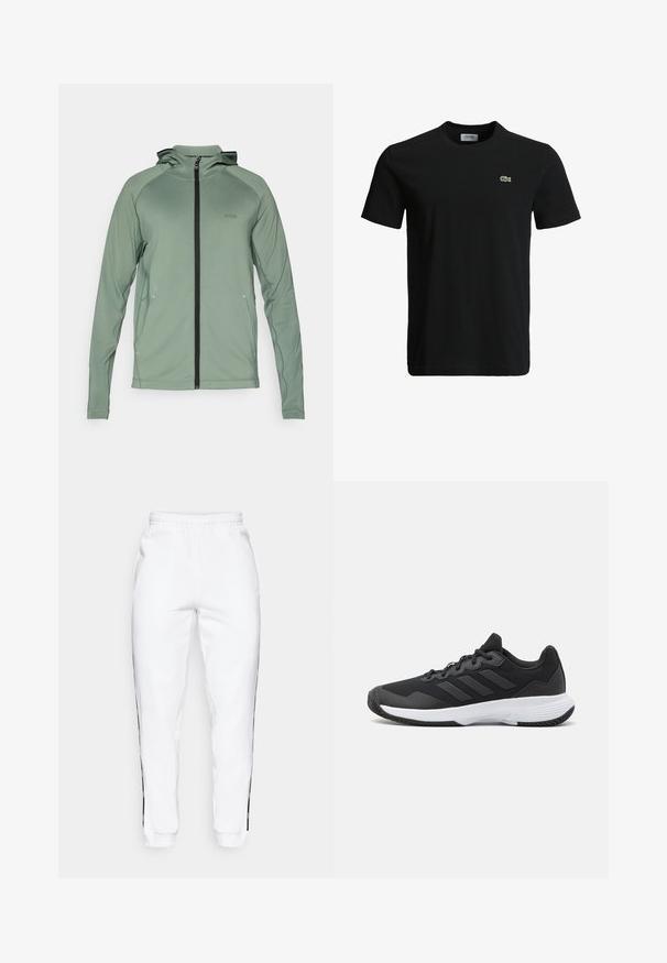 Roheline kerge lukuga jakk kapuutsiga, millel on must lukustus ja aktsendid, valmistatud siledast, venivast materjalist. Rinna peal BOSSi logo.; Must musta T-särk ümarate kaelustega, lühikeste varrukatega ja väikese rohelise krokodilli logoga vasakul rinnal. Sile tekstuur, igapäevane disain.; Valged dressipüksid elastse vöökoha ja mustade külgtriipudega. Valmistatud pehmest kangast, millel on sile tekstuur.; Must värvi sportlik king, millel on tekstuuriga pealispind, kolm horisontaalset triipu ja valge põhi mustriga tallaga. Kerge ja voolujooneline disain.