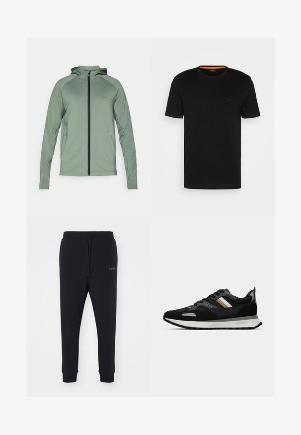 Zaļš viegls ar rāvējslēdzēju apvelkama jaka ar kapuci, ar melnu rāvējslēdzēju un akcentiem, izgatavota no gludas, elastīgas materiāla. BOSS logo uz krūtīm.; Melnā T-kreklu ar īsām piedurknēm, kas izgatavots no mīksta auduma, ar apaļu kakla izgriezumu un diskrētu logotipu priekšpusē. Iekšējā apkakle ar oranžu akcentu.; Melnas sporta bikses, izgatavotas no mīksta materiāla ar elastīgu jostasvietu, auklu un sašaurinātām kājām. Iekļauta arī maza emblēma sānos.; Melnas skrienamās kurpes ar teksturētu virsmu, gaiši pelēkiem akcentiem un trim horizontālām svītrām brūnā krāsā. Iespējo baltu polsterētu zoli.