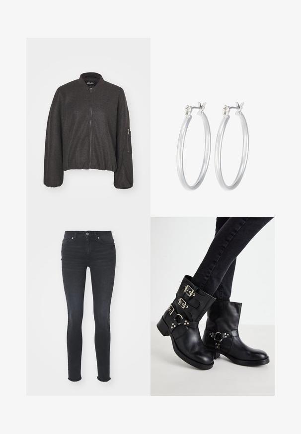 Tmavošedá bomber bunda so zipsom vpredu, rebrovaným golierom a elastickým pásom. Obsahuje oversized rukávy a zipsovú kapsu na ľavom ramene.; Čierny dlhý rukáv body s vysokým golierom, s pevným látkovým trupom a priehľadnými sieťovinovými rukávmi, navrhnuté v priliehavom strihu.; Čierne džíny Skinny s stredne vysokým pásom, piatimi vreckami a roztrhnutým okrajom. Tkanina má hladkú textúru s miernym elastickým efektom.; Čierne kožené členkové čižmy so tromi prackami, zaoblenou špičkou a nízkym blokovým podpätkom. Dizajn obsahuje hladké a textúrované panely.; Strieborné kruhové náušnice s hladkým, lesklým povrchom. Kolový tvar a bezpečné klikanie na uzatváranie. Ľahký dizajn vhodný na každodenné nosenie.
