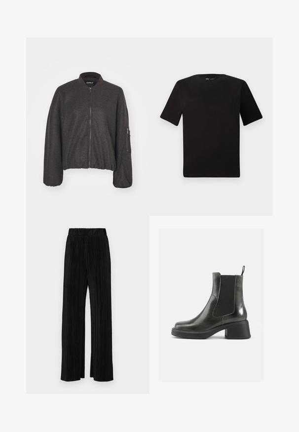 Casaco bomber cinza escuro com fecho frontal, gola canelada e cintura elástica. Apresenta mangas oversized e um bolso com fecho no braço esquerdo.; T-shirt preta de mangas curtas com decote redondo, feita de tecido de algodão suave. Design simples, sem logótipos ou padrões visíveis.; Calças pregueadas pretas com uma cintura elástica. Apresentam pernas largas e um tecido liso, texturizado com riscas verticais.; Botas de tornozelo em couro negro com um acabamento liso, painéis laterais elásticos e um salto robusto. Apresentam uma alça na parte de trás para facilitar o calçar.