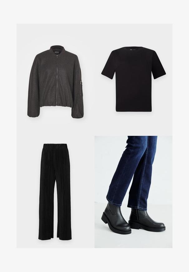 Casaco bomber cinza escuro com fecho frontal, gola canelada e cintura elástica. Apresenta mangas oversized e um bolso com fecho no braço esquerdo.; T-shirt preta de mangas curtas com decote redondo, feita de tecido de algodão suave. Design simples, sem logótipos ou padrões visíveis.; Calças pregueadas pretas com uma cintura elástica. Apresentam pernas largas e um tecido liso, texturizado com riscas verticais.; Botas de tornozelo de couro preto com sola grossa e painéis elásticos laterais, combinadas com jeans azul escuro. O chão é de cor clara.