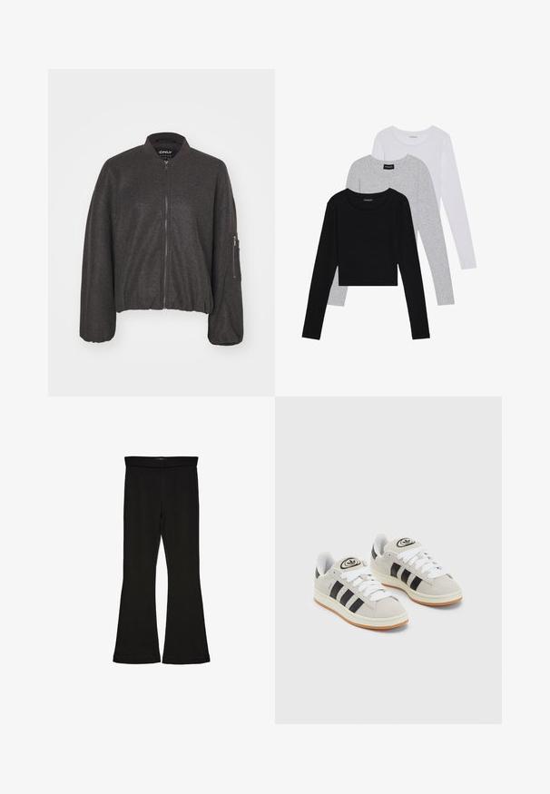 Temno siva bomber jakna z zadrgo spredaj, rebrastim ovratnikom in elastičnim pasom. Ima prevelike rokave in žep z zadrgo na levem rokavu.; Tri dolga rokava zložena: črna, siva in bela. Vsaka ima okroglo izreznico in skrajšan dizajn z gladkim, lahkotnim materialom.; Črne flare leggings iz raztegljive tkanine. Imajo širok pas in gladko teksturo, s prilegajočo silhueto, ki se na robu razširi.; Sive športne čevlje iz semiša z belimi vezalkami, črnimi črtami in belim gumijastim podplatom. Imajo okroglo oznako na ježku in podplat iz gume.