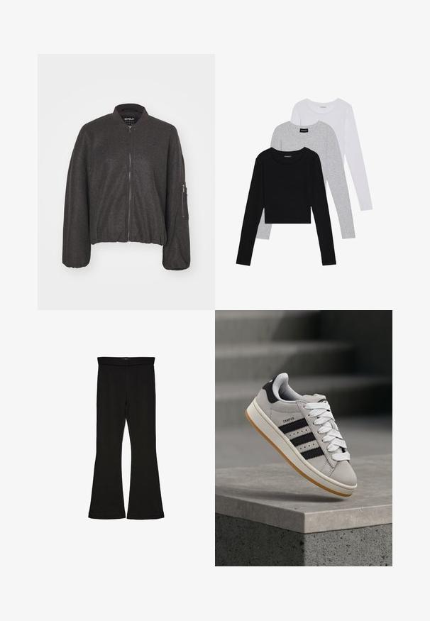 Casaco bomber cinza escuro com fecho frontal, gola canelada e cintura elástica. Apresenta mangas oversized e um bolso com fecho no braço esquerdo.; Três camisetas de manga longa empilhadas: preta, cinza e branca. Cada uma tem um decote redondo e um design cropped, feitas de um tecido leve e suave.; Leggings pretos em flare feitos de um tecido elástico. Apresentam uma cintura larga e uma textura suave, com um silhueta ajustada que se alarga na bainha.; adidas Originals CAMPUS 00S W - Sapatilhas - crystal white/core black/off white