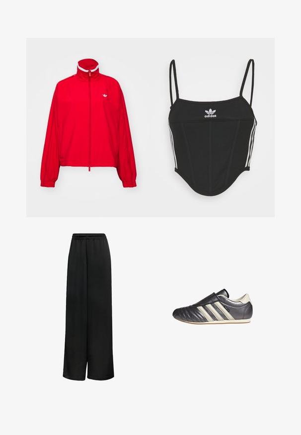 Casaco vermelho com fecho éclair, gola alta, punhos elásticos e um detalhe branco. Apresenta um pequeno logótipo branco no lado superior esquerdo.; Top crop preto canelado com alças finas ajustáveis, apresentando três riscas brancas nas laterais e um pequeno logótipo branco da Adidas ao centro.; Calças largas pretas feitas de tecido suave, com uma cintura elástica e um corte solto para conforto. Sem padrões ou detalhes distintos.; Sapatilha atlética em couro preto e cinza, com biqueira arredondada, design tipo slip-on e três riscas brancas de destaque na lateral. Sola de borracha plana.