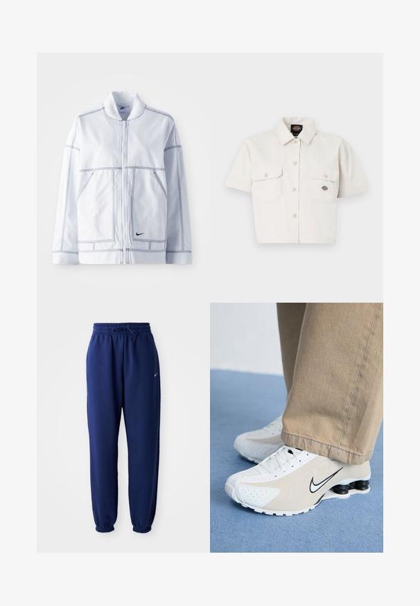 Valge Nike jakk, millel on lukuga ette, kõrge krae, silmatorkav õmblemine, kaks eesmist taskut ja väike must logo alumises osas.; Lühikeste varrukatega, lühikeseks lõigatud valgest puuvillast särk, millel on kaks rinnataskut, nööbid ees ja logopatch vasakus taskus.; Tumesinine dressipluus, mis on valmistatud pehmest kangast, elastse vöökoha ja nööriga, elastsete mansettide ning väikese valge logoga.; Valged ja beežid Nike'i tossud, millel on perforatsioonimuster, must swoosh-logo, tekstuurne pealis ja eriline veniv must konts.