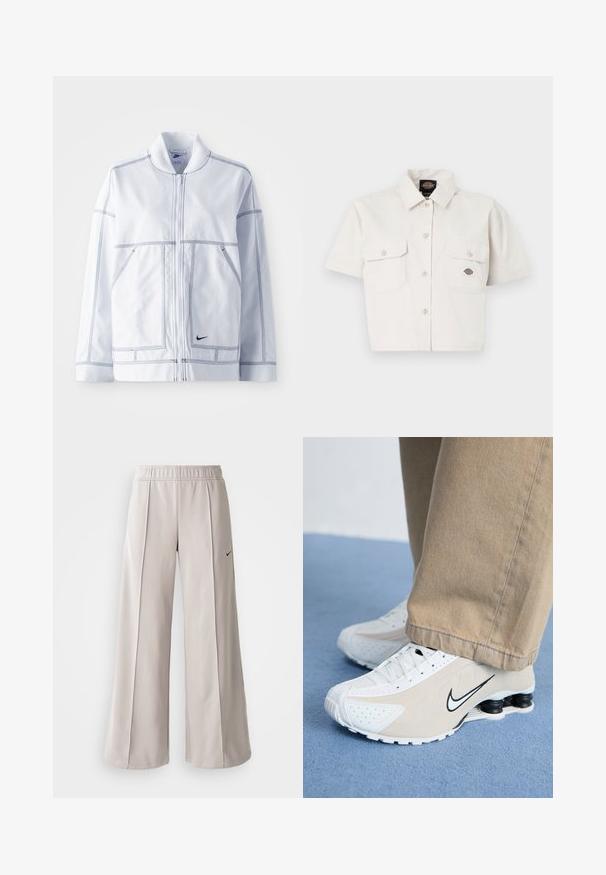 Valge Nike jakk, millel on lukuga ette, kõrge krae, silmatorkav õmblemine, kaks eesmist taskut ja väike must logo alumises osas.; Lühikeste varrukatega, lühikeseks lõigatud valgest puuvillast särk, millel on kaks rinnataskut, nööbid ees ja logopatch vasakus taskus.; Heledad hallide püksid, mis on valmistatud siledast kangast. Omab elastset vöökohta ja musta Nike logo vasakul küljel.; Valged ja beežid Nike'i tossud, millel on perforatsioonimuster, must swoosh-logo, tekstuurne pealis ja eriline veniv must konts.