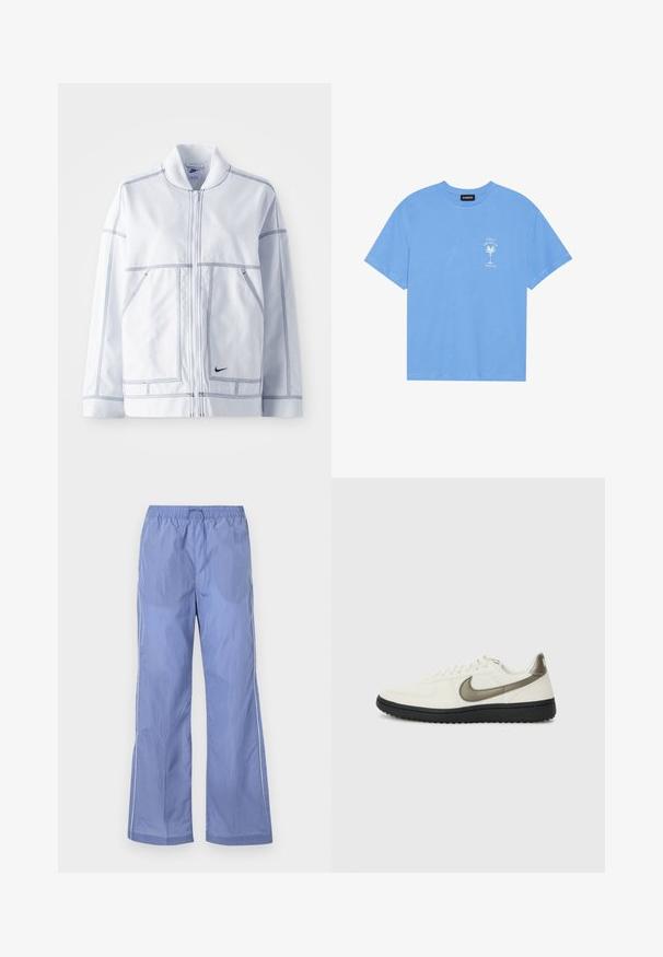 Bela Nike jakna z zadrgo spredaj, visokim ovratnikom, izrazitim šivi, dvema sprednjima žepoma in majhnim črnim logotipom na spodnjem sprednjem delu.; Svetlo modra bombažna majica s krožnim izrezom. Na levi strani prsnega dela ima belo grafiko palme in besedilo. Kratke rokave.; Modre lahke hlače z elastičnim pasom, s prostornim krojem in stranskimi obrobami. Narejene so iz gladkega, trajnega materiala.; Nike Sportswear FIELD GENERAL - Športni copati - off-white/black