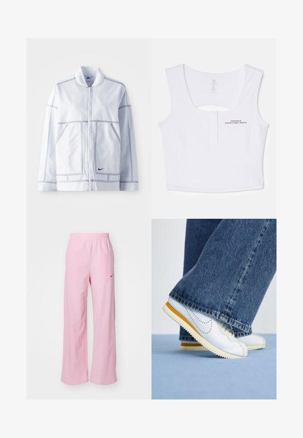 Jachetă albă Nike cu fermoar pe față, guler înalt, cusături evidente, două buzunare frontale și un mic logo negru în partea inferioară frontală.; Top scurt alb, confecționat dintr-un amestec de bumbac. Prezintă o decupare în formă de cheie la spate și detalii cu logo imprimat în negru pe față.; Pantaloni roz cu talie elastică, cu o croială lejeră. Au un logo roșu pe partea stângă și o textură netedă, ușoară.; Adidași din piele albă cu accente galbene, vârful rotund și talpa din cauciuc texturat, asortați cu pantaloni evazați din denim bleumarin.