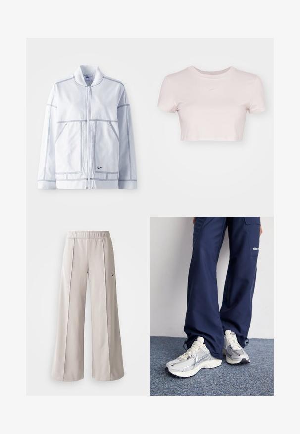 Balta Nike striukė su užtrauktuku priekyje, aukštu apykakle, ryškiu siuvimu, dviem priekinėm kišenėm ir mažuoju juodu logotipu apatinėje priekio dalyje.; Šviesiai rožinė trumpa marškinė, pagaminta iš minkštos medžiagos. Turi apvalų kaklą ir trumpas rankoves, su mažu baltu Nike logotipu ant krūtinės.; Šviesiai pilki plačių kojų kelnės, pagamintos iš lygaus audinio. Turi elastingą juosmenį ir juodą Nike logotipą kairėje pusėje.; Nike sportiniai batai su sidabro spalvos tinklu, baltais akcentais ir tekstūruotais pado, derinami su laisvais tamsiai mėlynais kelnais.