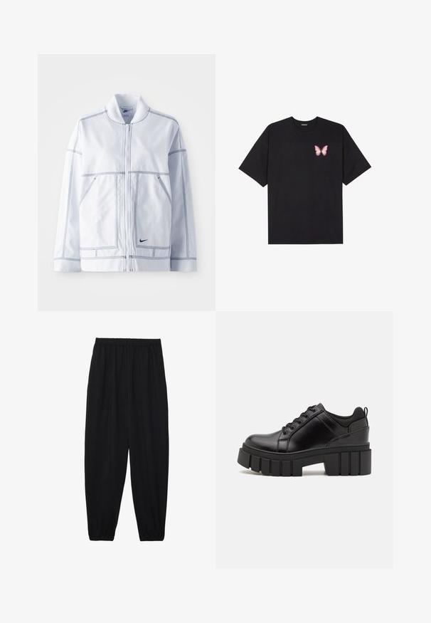 White Nike jacket with a zip front, high collar, prominent stitching, two front pockets, and a small black logo on the lower front.; Black cotton t-shirt with short sleeves, featuring a small pink butterfly graphic on the left chest. Crew neck design with a relaxed fit.; Black, lightweight pants with an elastic waistband and gathered ankles. The fabric is smooth and features a relaxed, tapered design.; Black leather platform shoes with a chunky block heel, round toe, and traditional lace-up design. Features smooth texture and minimal detailing.
