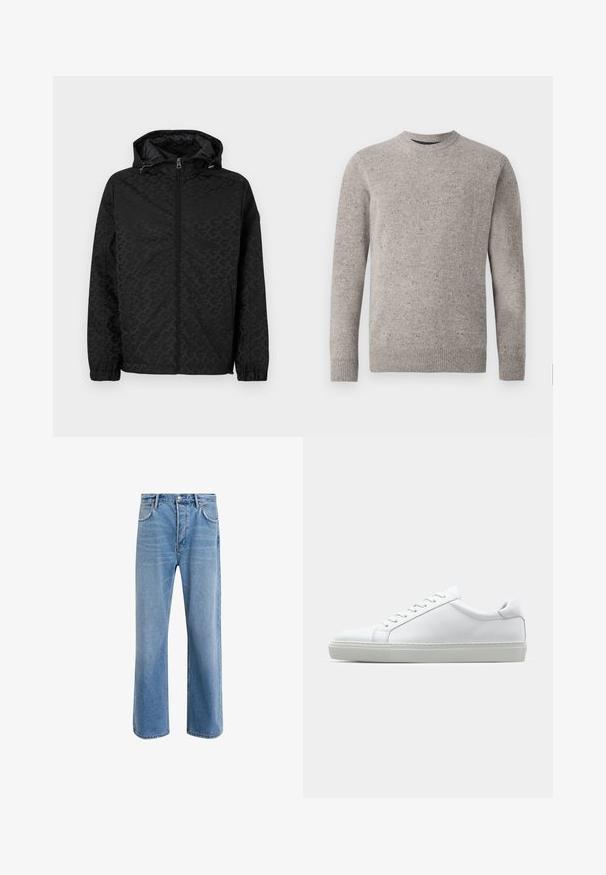 Černá bunda s kapucí, která má texturovaný vzor, zipové zapínání a elastické manžety. Hladký povrch s bočními kapsami pro uložení.; Svetle šedý pletený svetr s kulatým výstřihem, dlouhými rukávy a žebrovanými manžetami a lemem. Texturovaný vzor s barevnými skvrnami.; Světle modré džínové kalhoty s rovnými nohavicemi, pěti kapsami, zapínáním na knoflík, minimálním vyblednutím a kontrastním prošitím.; Bílé tenisky s hladkým koženým svrškem a nízkým profilem. Mají zaoblenou špičku, šest nýtů a texturovanou gumovou podrážku.