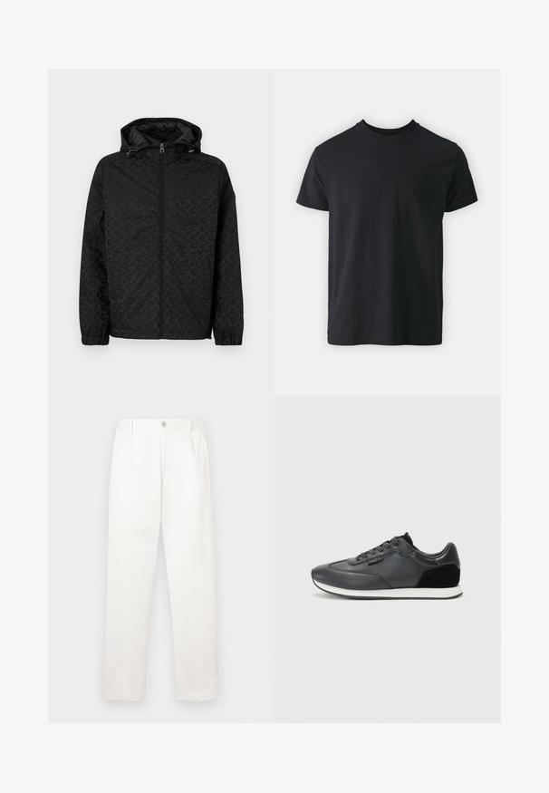 Jaqueta preta com capuz, apresentando um padrão texturizado, fecho de zip, e punhos elásticos. Acabamento suave com bolsos laterais para armazenamento.; T-shirt em algodão preto de manga curta com decote redondo e um corte relaxado. Textura suave e barra reta, sem gráficos ou padrões visíveis.; Calças brancas feitas de um tecido suave, com um design de perna reta, pregas frontais e um fecho de botão único na cintura.; Sapatilhas atléticas negras com parte superior em couro com detalhes perfurados, acabamentos em camurça e sola de borracha branca. Design clássico com atacadores.