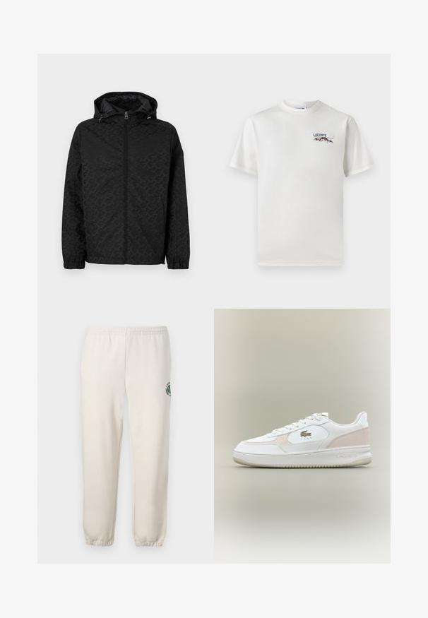 Crna jakna s kapuljačom, s teksturiranim uzorkom, zatvaranjem na zip i elastičnim manžetama. Glatka površina s bočnim džepovima za pohranu.; Bijela pamučna majica s okruglim izrezom, kratkim rukavima i malim izvezenim logotipom koji prikazuje planine i tekst na lijevoj strani grudi.; Svijetlosmeđi dukserici napravljeni od pamuka, s elastičnim pojasom, rebrastim manžetama i zelenim logotipom s dizajnom lista na lijevoj nozi.; Bijele tenisice s glatkom kožnom gornjom stranom, akcentima od antilopa i gumeni potplat. Sadrže istisnuti logo i dizajn s vezicama. Minimalistički estetski.