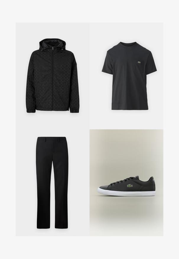 Zwarte jas met een capuchon, gekenmerkt door een textuurpatroon, ritssluiting en elastische manchetten. Gladde afwerking met zijzakken voor opslag.; Zwarte katoenen t-shirt met korte mouwen, ronde halslijn en een klein groen logo op de linkerkant van de borstzak. Eenvoudig ontwerp, normale pasvorm.; Zwarte op maat gemaakte broek met een rechte pijpdesign, gemaakt van gladde stof. Kenmerken zijn onder andere een platte voorkant en een middelhoge tailleband.; Zwarte leren sneakers met een witte rubberen zool, voorzien van een groen krokodil logo en ronde veters, slank ontwerp met een gladde textuur.