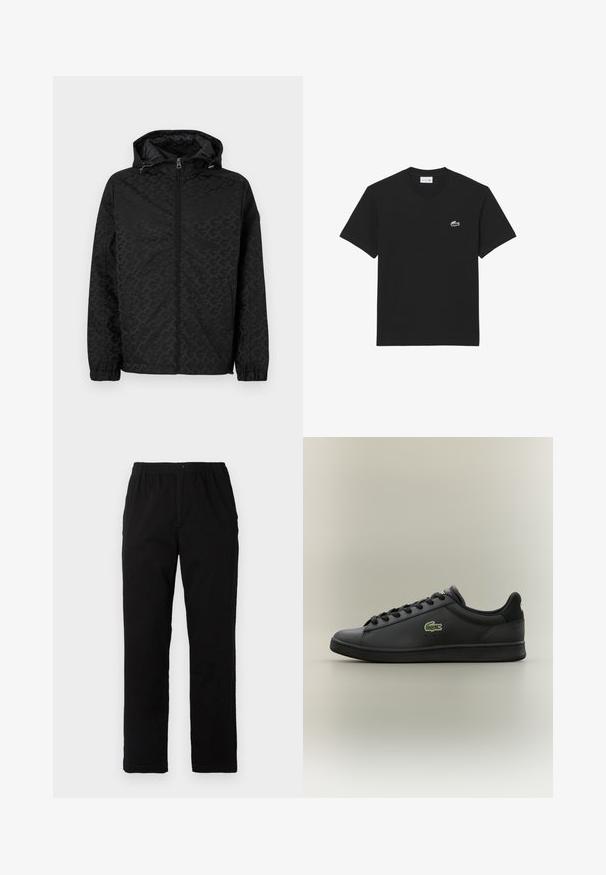 Giacca nera con cappuccio, caratterizzata da un motivo testurizzato, chiusura con zip e polsini elasticizzati. Finitura liscia con tasche laterali per riporre oggetti.; T-shirt nera in cotone con colletto rotondo e maniche corte, caratterizzata da un piccolo logo ricamato a forma di coccodrillo sul lato sinistro del petto.; Pantaloni neri realizzati in un tessuto misto cotone, caratterizzati da un taglio dritto, vita elastica con bottone e senza motivi o dettagli visibili.; Sneaker in pelle nera a bassa incollatura con lacci neri, dotata di un logo di coccodrillo verde sul lato, su uno sfondo neutro uniforme.