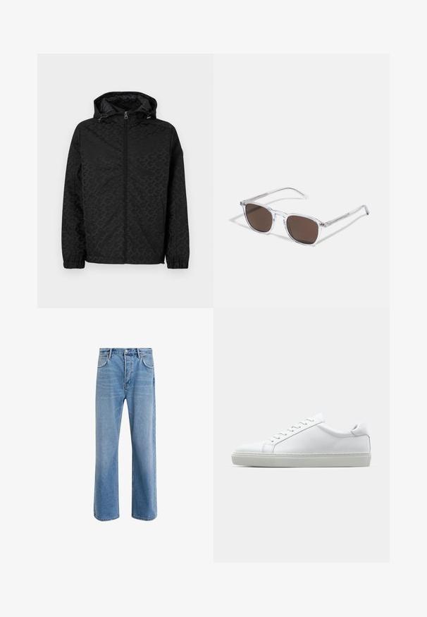 Black jacket with a hood, featuring a textured pattern, zip closure, and elastic cuffs. Smooth finish with side pockets for storage.; Long-sleeved white cotton shirt with a round neckline, side slits at the bottom, and a smooth texture, displayed from the back.; Light blue denim jeans with a straight-leg design, five pockets, button closure, minimal fading, and contrasting stitching details.; White sneaker with a smooth leather upper and a low profile. Features a rounded toe, six eyelets, and a textured rubber sole.; Clear plastic sunglasses with rectangular brown lenses, featuring thin, transparent arms and metal accents on the temples.