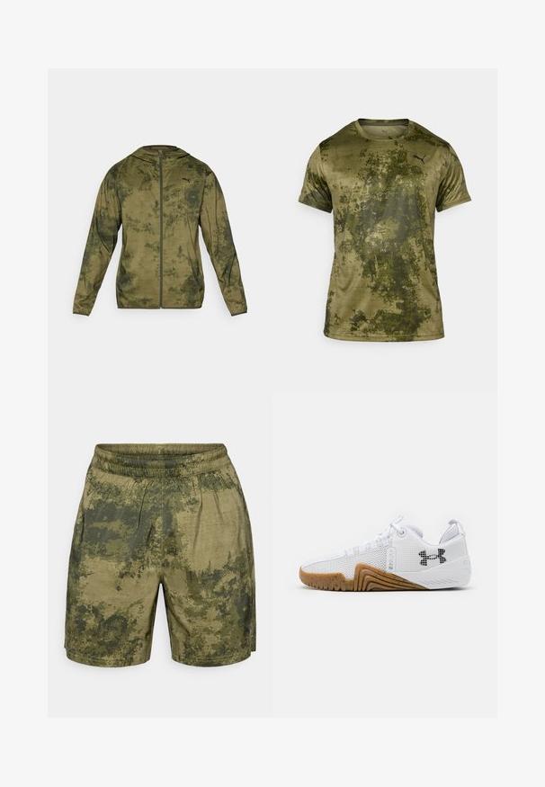 Casaco com capuz da Puma em verde oliva com um acabamento texturizado e padrão. Apresenta um fecho de correr frontal e mangas longas.; Camiseta atlética de manga curta em verde oliva com um acabamento texturizado e padrão. Apresenta um pequeno logótipo preto no canto superior esquerdo do peito.; Calções com padrão de camuflagem em tons de verde, confeccionados em tecido leve, com um cós elástico e um corte descontraído.; Ténis atléticos brancos com parte superior em malha, sola de borracha na cor âmbar, detalhes texturizados e um logótipo preto de um lado.