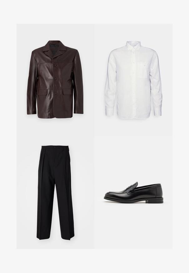 Rjavo usnjeno jakno s ovratnikom, sprednjim gumbom za zapiranje, dvema spodnjima žepoma in gladko, sijočo teksturo.; Bela srajca z dolgimi rokavi iz bombaža, z znižanimi ovratnikom, sprednjim žepom in običajnim krojem. Teksturirana tkanina s gladko površino.; Črne nabirane hlače s ravnim, širokim krojem. Narejene so iz gladkega materiala in imajo zadrgo ter pasne zanke.; Črne usnjene loafer čevlje z gladko teksturo, zaobljenim nosom in dekorativnim trakom čez zgornji del. Nizka zložena peta, minimalističen dizajn.